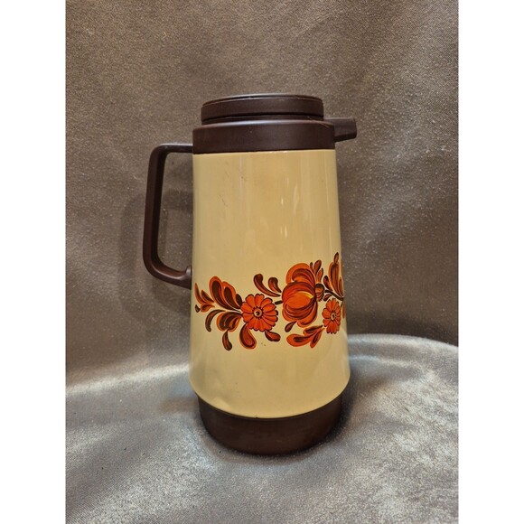 Vintage CORNING Thermos Coffee Tea Carafe 1qt GARDEN Orange Brown Floral - Picture 4 of 14